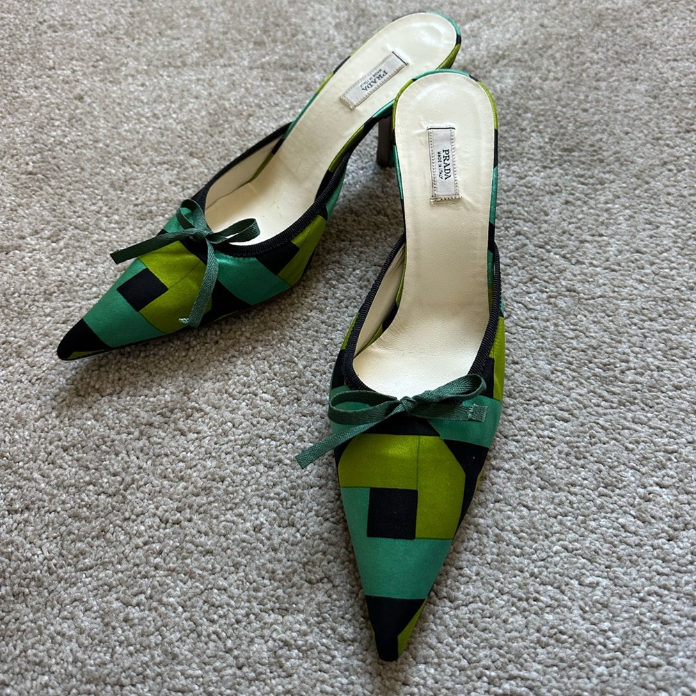 Prada Rare Vintage y2k Green Satin Pointed Toe Kitten Mules Heels